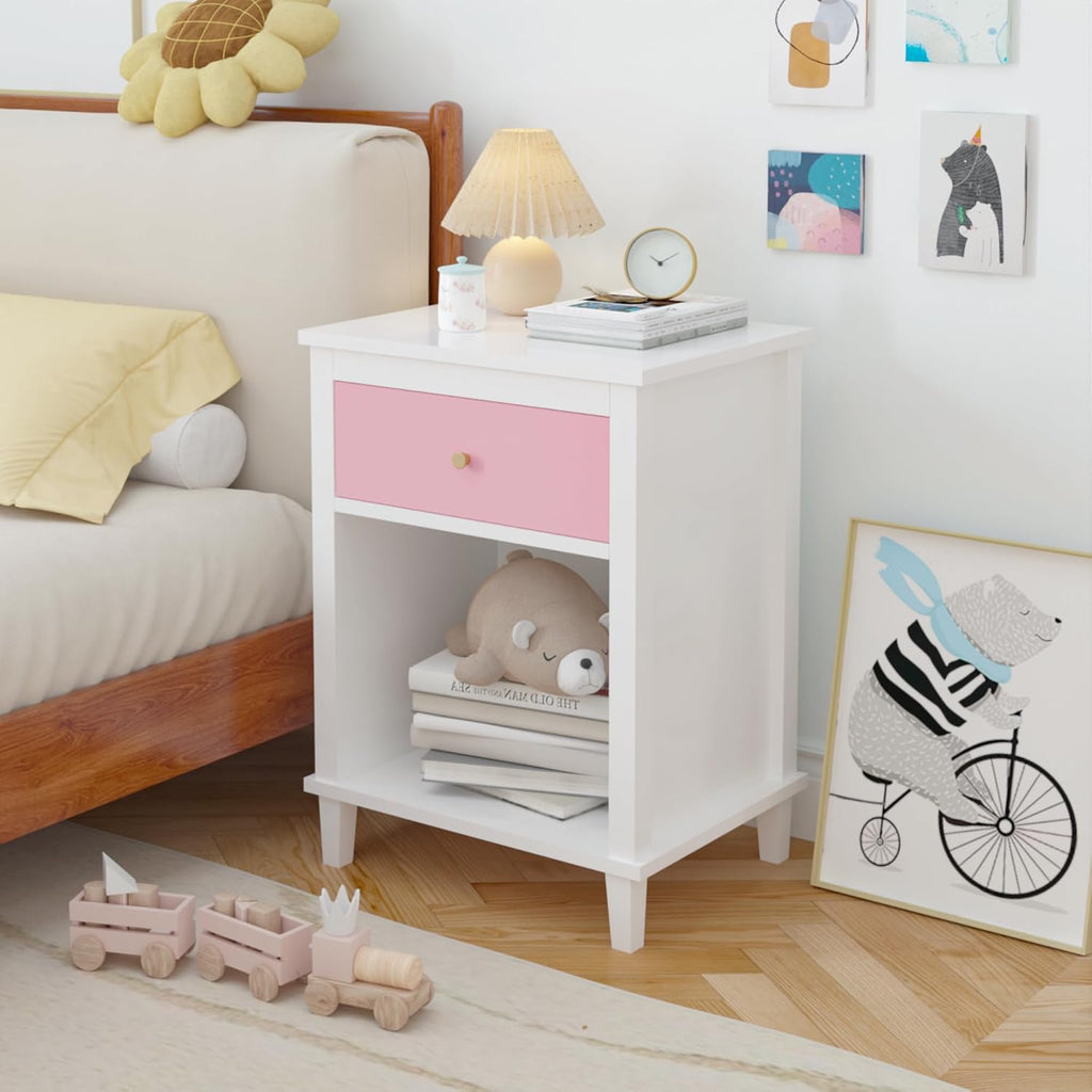 Modern Kids Nightstand Girls Bedroom Night Stand with Drawer & Open Storage Shelf, Bedroom Furniture, MDF, Aluminum Handles, Easy Setup (Pink)