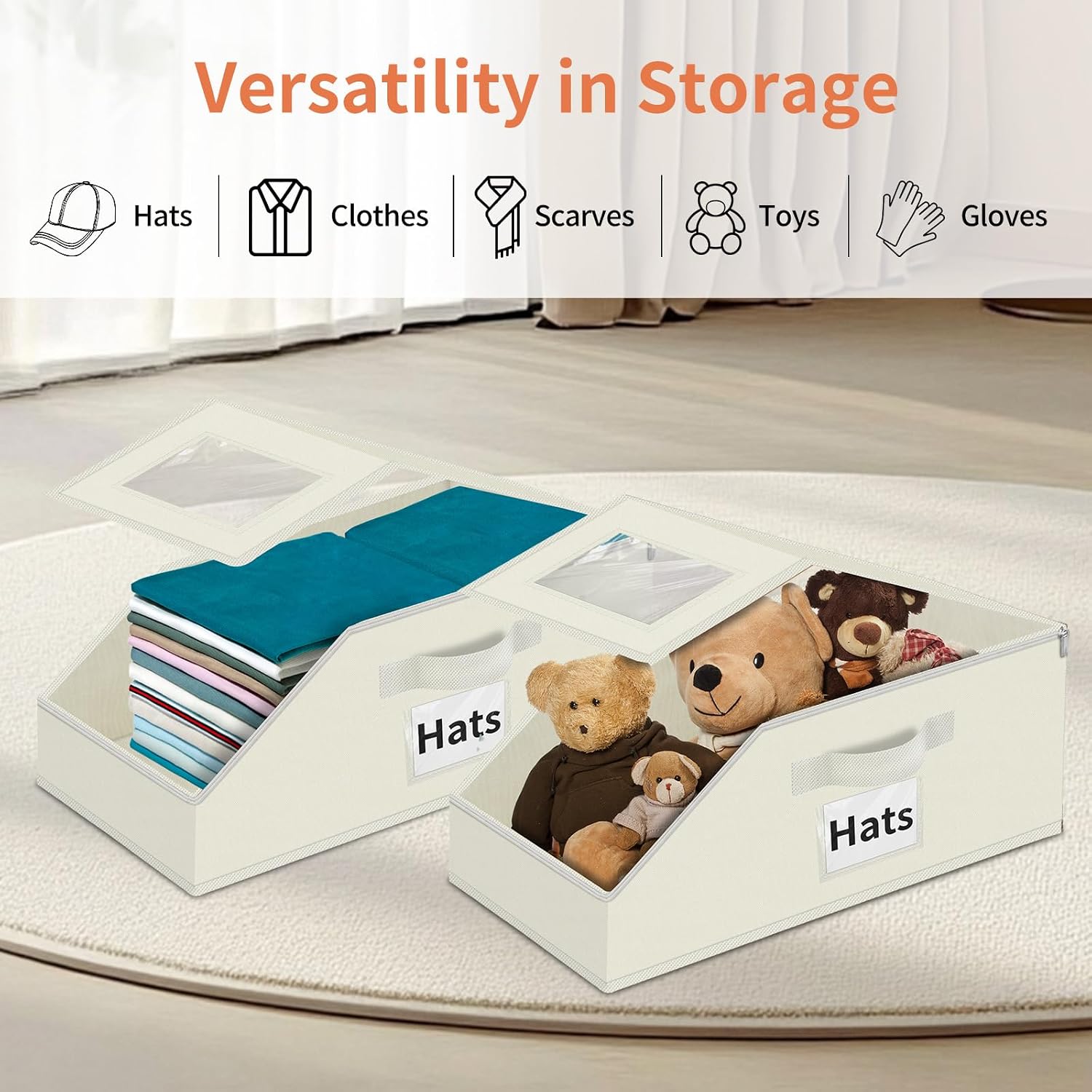 Aokeyee Hat Organizer for Baseball Caps - 2PCS Stackable Storage with Clear Window Lid, Flip-Top Access, Space-Saving Hat Box for Closet, Breathable Fabric (beige)