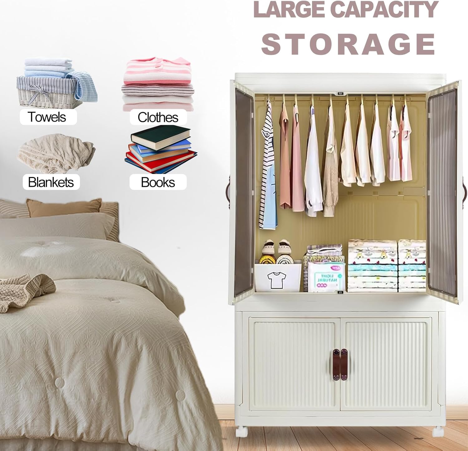 Portable Plastic Wardrobe Closet, Foldable Storage Bins for Clothes, Storage Organizers with Lid and Doors, Stackable Closet Wardrobe with 10 Hangers, White