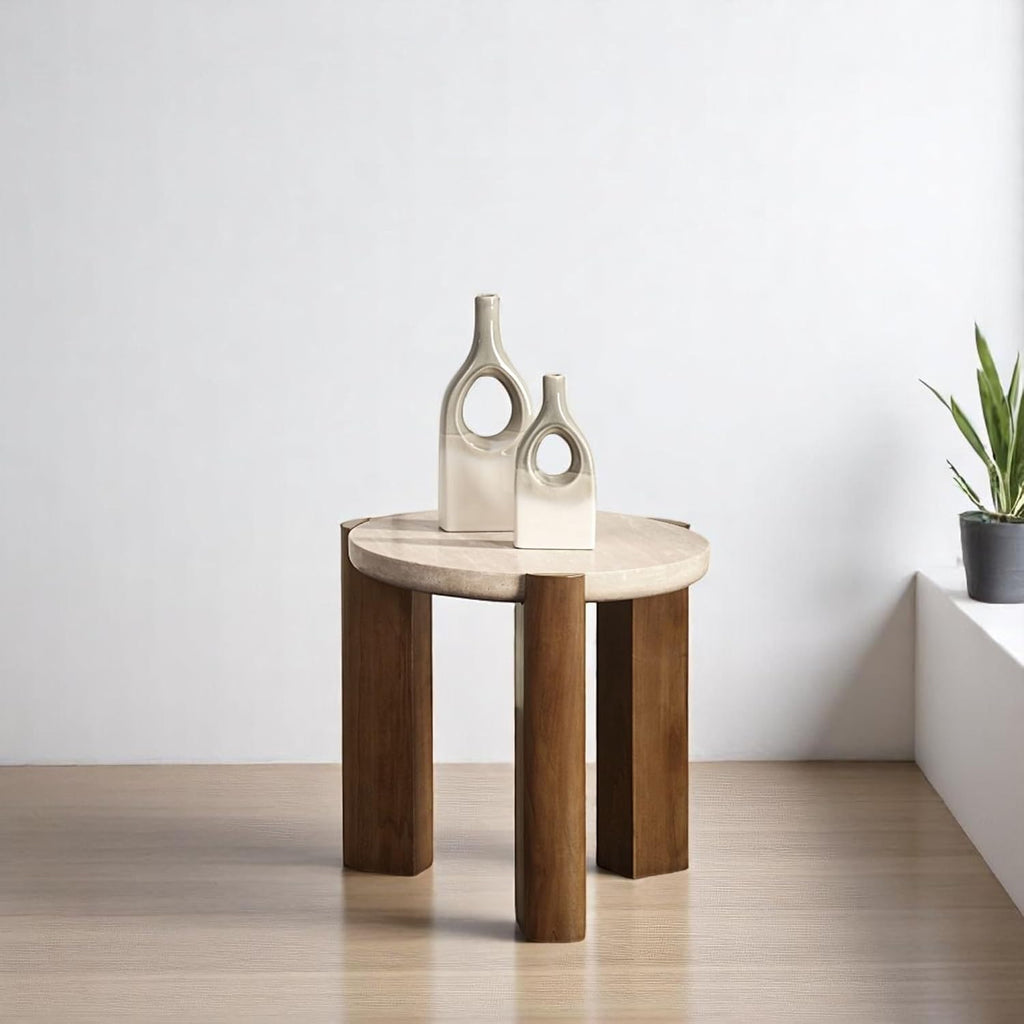 Acme Furniture Leonardo End Table in Travertine Top & Dark Oak