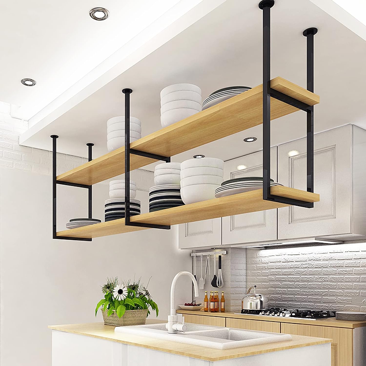 Ceiling Shelf, Floating Shelves Kitchen Storage Wine Rack, Industrial Ceiling Mount Shelf 2 layer, Wine bottle, Wine Glass, Dish Storage Rack, for Restaurant, Bar, Kitchen (47.2×11.8×23.6in, Black)