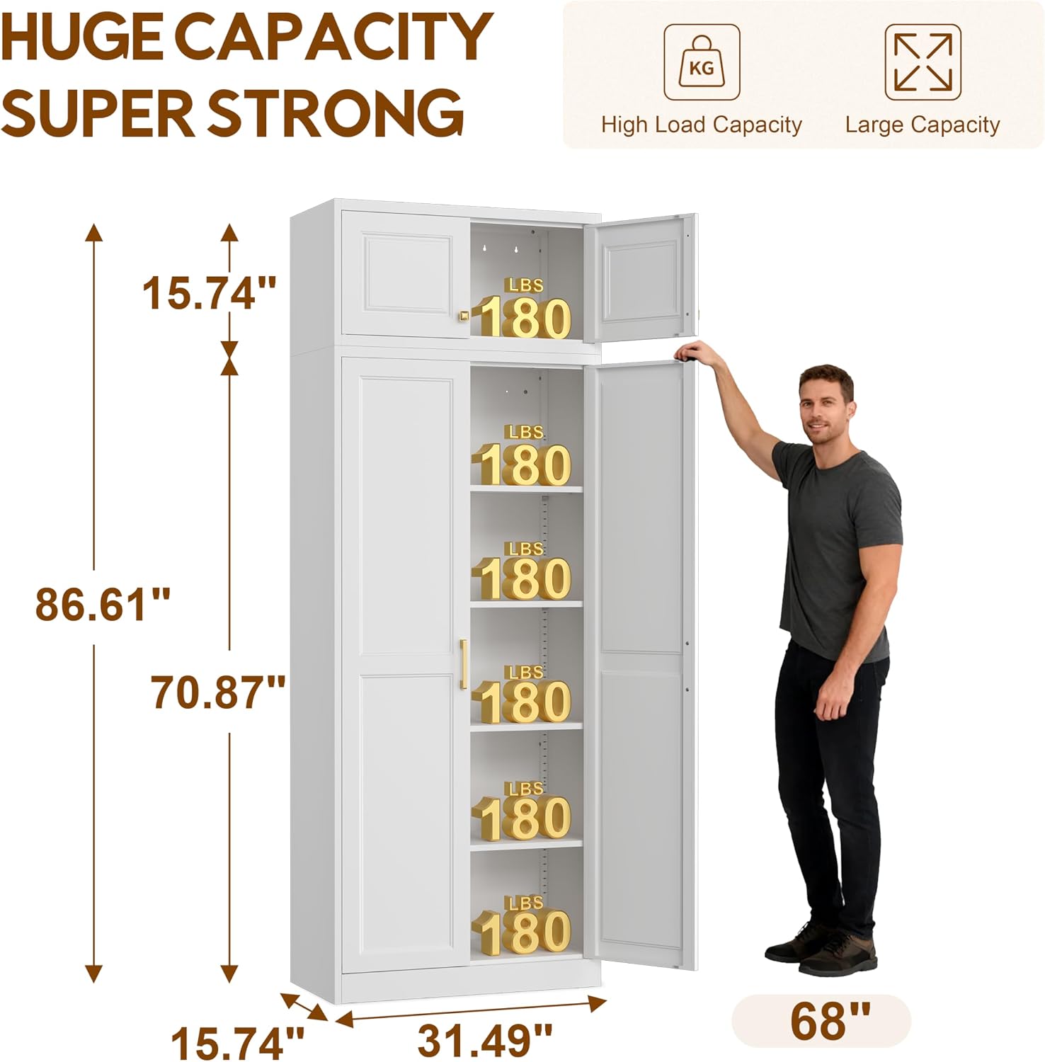 UNICOLY 86.61" H Kitchen Pantry Cabinet, Tall Storage Cabinet with Doors and 4 Shelves, Metal Storage Cabinets for Kitchens, Living Room, Dinning Room, Assembly Required, White