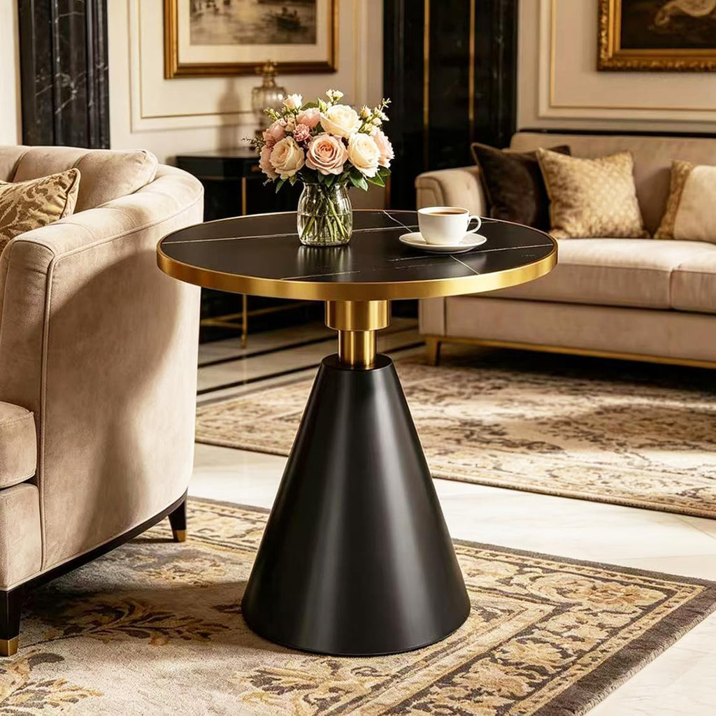 BeautyVerve Rock Plate Side Tables for Living Room, Modern Small Round Coffee Table with Like-Marble Hard Top, Metal Base, Outdoor End Table for Patio Bedroom, Corner Desk, 27.6 Inches Diameter