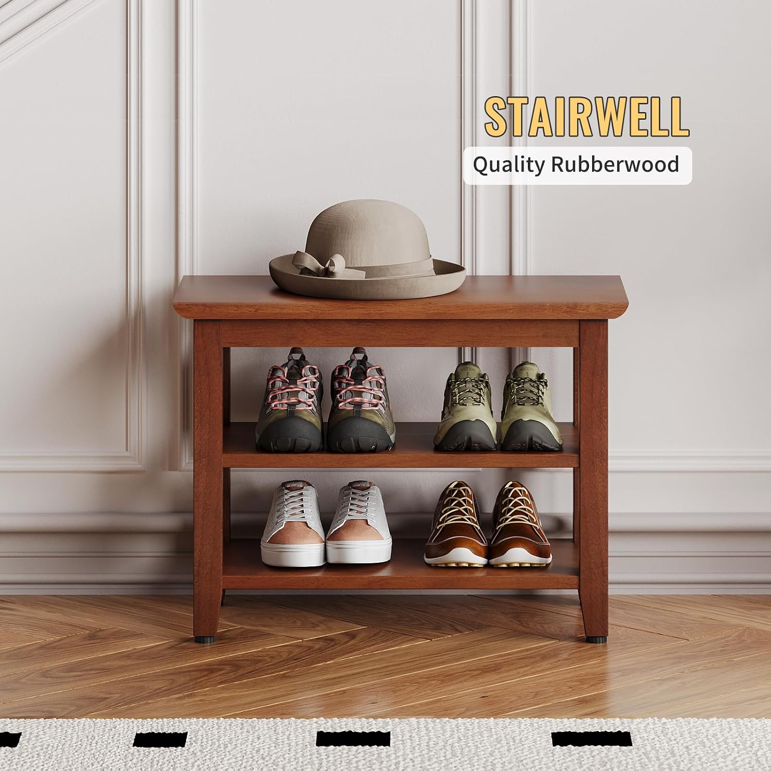 Wood Shoe Bench for Entryway,Bench with Shoe Rack,Storage Shoe Organizer for Hallway,Living Room,Bedroom (Brown, 23.62''W×11.81‘’D×17.71‘’H)