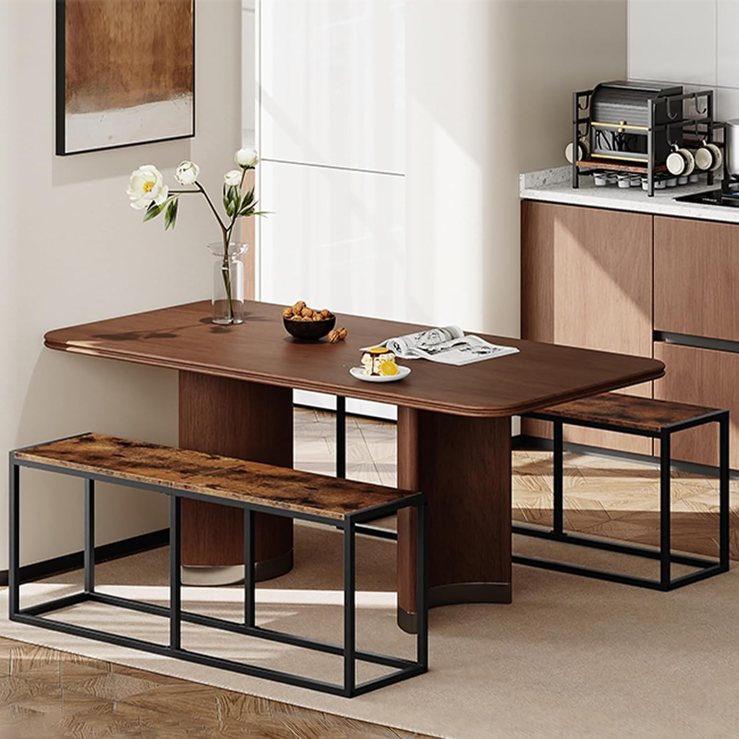HOOBRO Dining Bench, 47.2 Inch Dining Table Bench, Industrial Style Kitchen Bench, Steel Frame, Easy to Assemble, for Kitchen, Dining Room, Rustic Brown and Black BF12CD01
