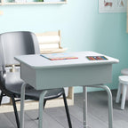 EMMA + OLIVER Buckley Student Desk - Gray Faux Granite Finished Top - Silver Metal Frame - Open Front Book Box - Pencil Storage Grooves
