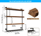Wall Mounted Wine Rack with LED Light, 4 Tiers Large Wine Rack with Wine Glass Holder. lron & Wood Liquor Bottles Floating Shelves Display Storage for Bar, Kitchen, Cafe (Walnut, 80cm/32in)