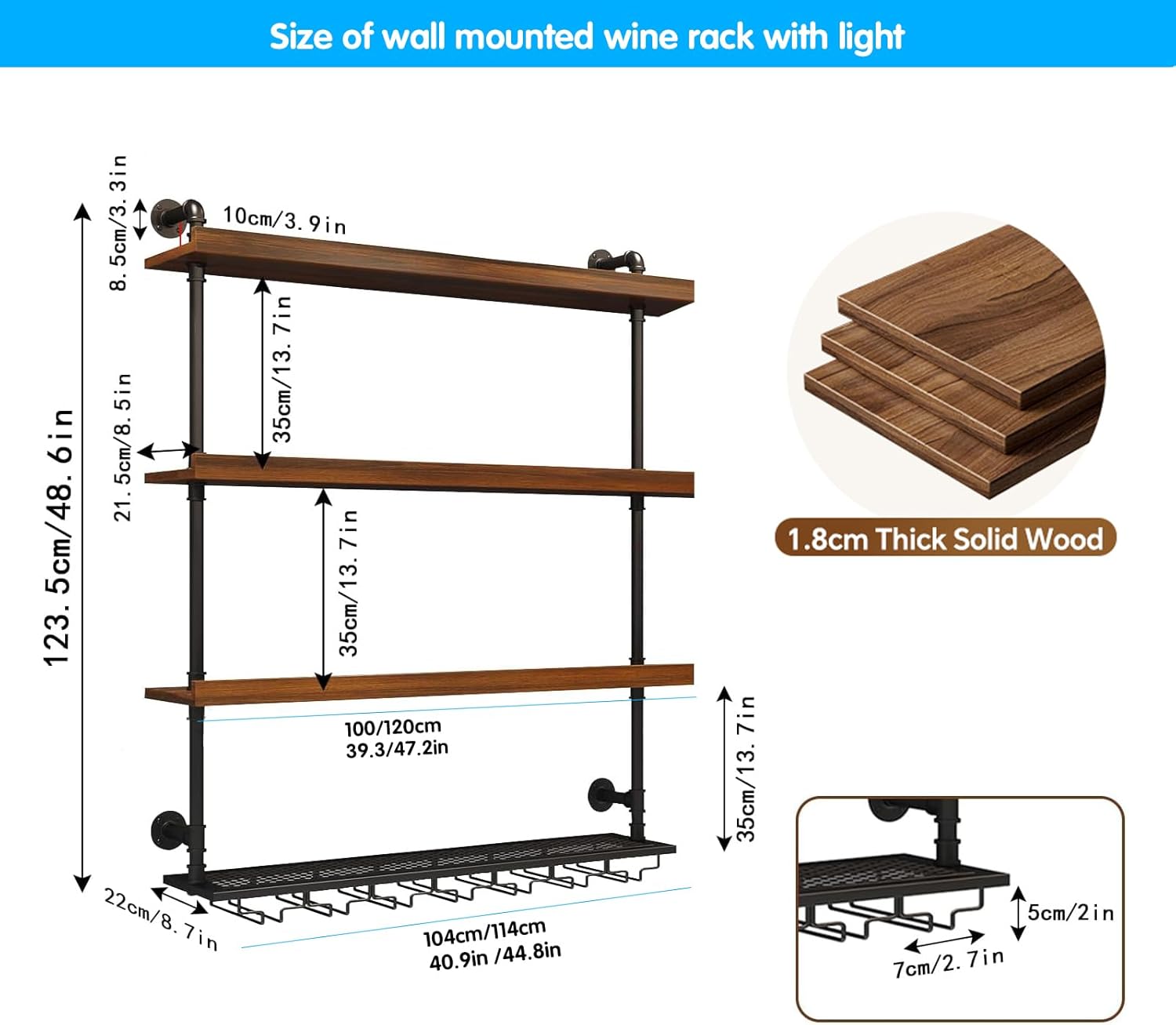 Wall Mounted Wine Rack with LED Light, 4 Tiers Large Wine Rack with Wine Glass Holder. lron & Wood Liquor Bottles Floating Shelves Display Storage for Bar, Kitchen, Cafe (Walnut, 80cm/32in)