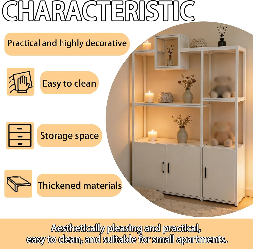 Room Divider with Shelves, Modern Open Shelf Storage Cabinet, Privacy Screens Room Partition Cabinet with Storage Shelf, Suitable for Home or Office Decoration (White, 140cm/55.1in)