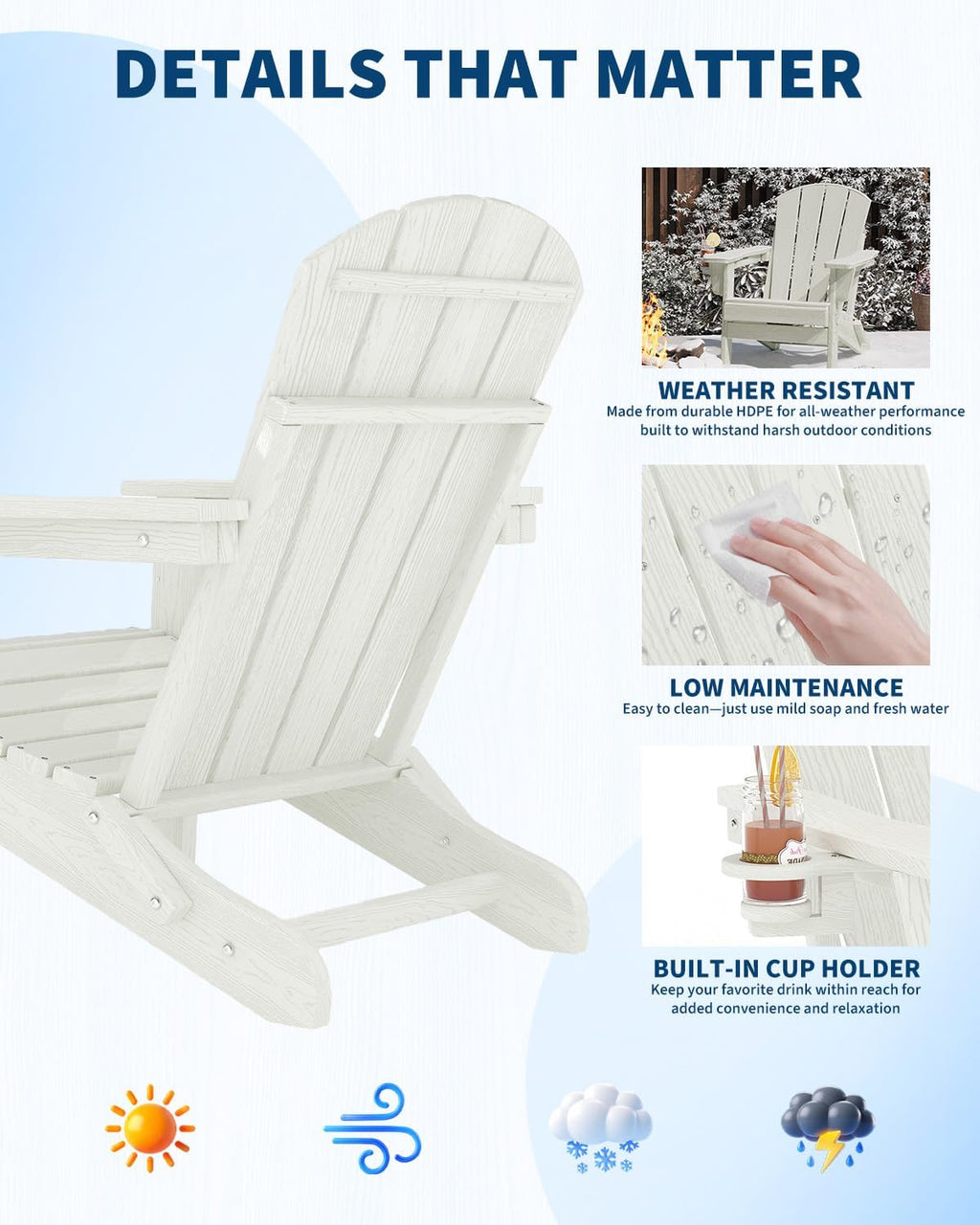 Garvee Folding Adirondack Chair, HDPE Outdoor Patio Chair with Cup Holder, All Weather Resistent Wooden Textured for patios, Decks, Gardens, fire Pit, White