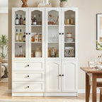 Cyclysio 80" Tall Pantry Cabinet Set of 3, White Kitchen Storage Cabinet with Arched Glass Doors, 3 Drawers & Cupboard, Flush-to-Wall Coffee Bar Hutch with Baseboard Cutout for Dining Room