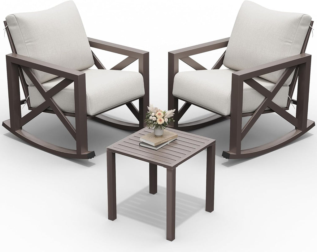 UDPATIO Rocking Chair Outdoor Set 2 with Coffee Table, 3 Piece Metal Rocking Bistro Set with 6.5" Water-Resistant Cushions, Oversized, 350lbs Heavy-Duty, for Porch, Patio, Balcony, Beige