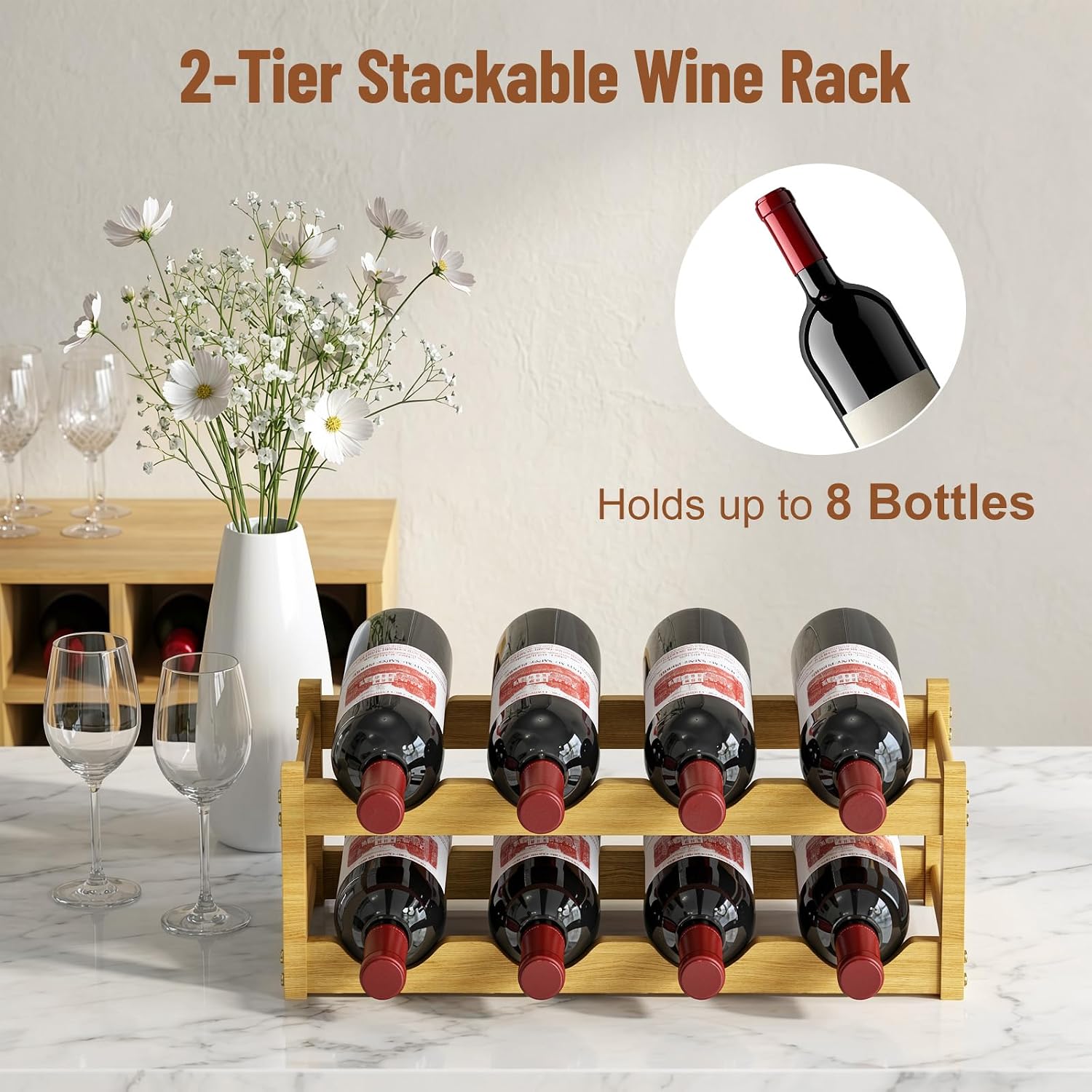 Nuovoware Bamboo Wine Rack, 2-Tier 8 Bottles Stackable Wine Rack with Wavy Groove, Sturdy Freestanding Countertop Shelf for Kitchen Pantry Dining Room Basement Bar Cellar, Wood Color