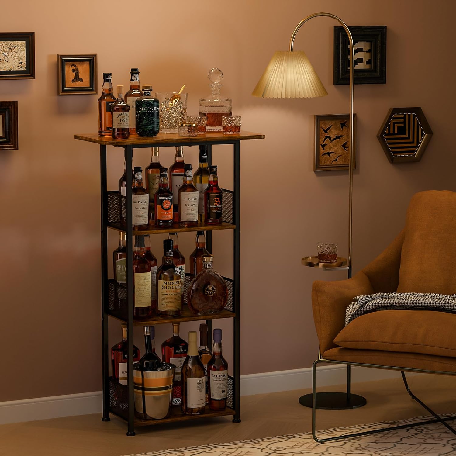 Eyteenokk Wine Rack Freestanding Floor:4 Tier Whiskey Wine Rack Mini Bar Cart,Liquor Cabinet-Home Bar for Bottles,Cocktail Shaker,Mugs-(23.6 * 11.8 * 40inch)