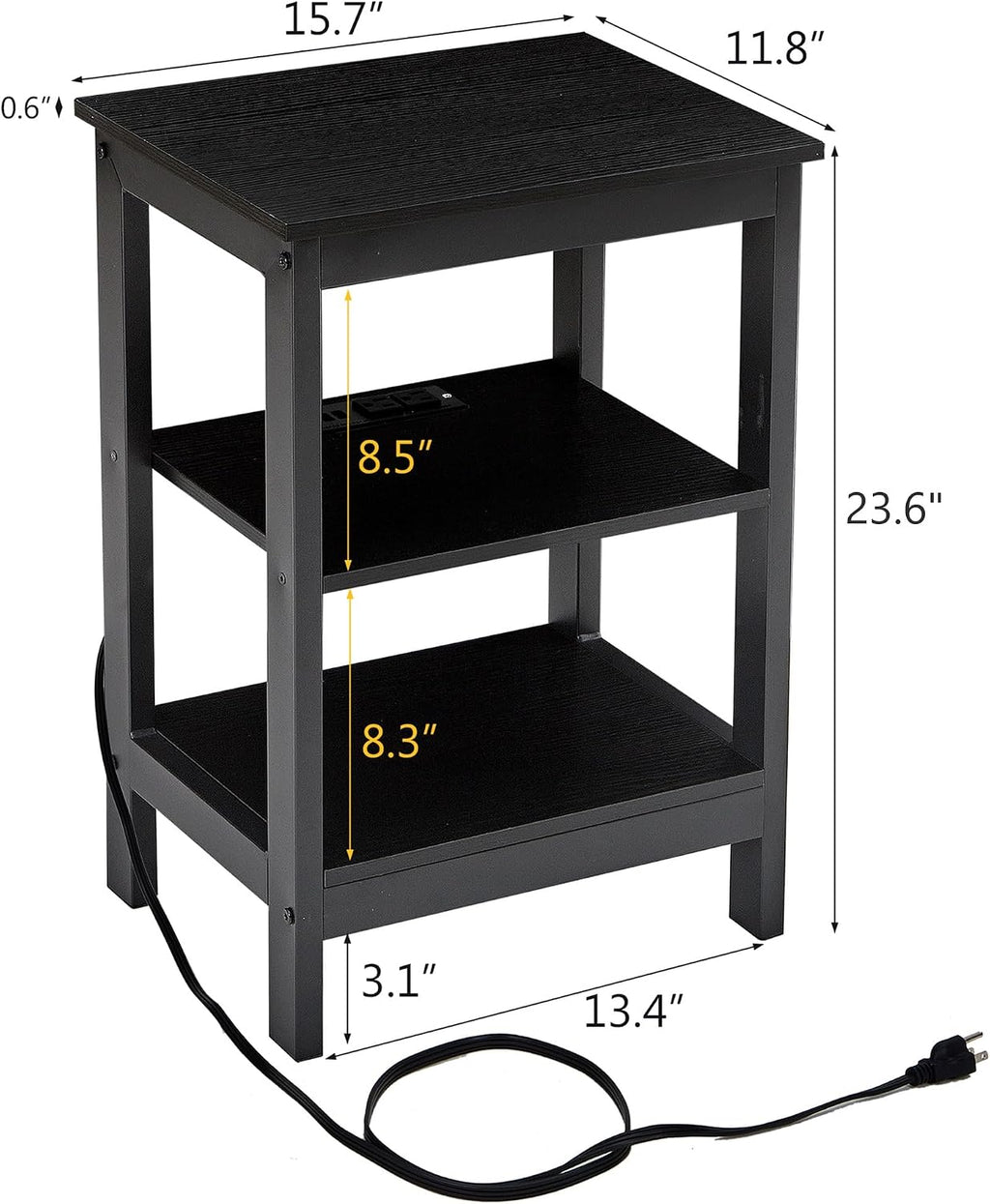 VECELO End Table with Charging Station and USB Ports, Small Wood Nightstand Modern, 24" Tall Living Room Side Table with 3-Tier Storage Shelves for Small Spaces,Office,Bedroom, Classic Black, Set of 2