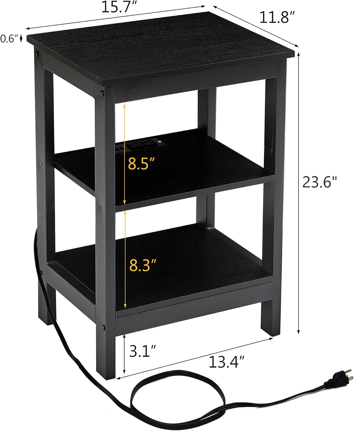 VECELO End Table with Charging Station and USB Ports, Small Wood Nightstand Modern, 24" Tall Living Room Side Table with 3-Tier Storage Shelves for Small Spaces,Office,Bedroom, Classic Black, Set of 2