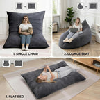 Giant Bean Bag Chair - 3-in-1 Convertible Memory Foam Floor Cushion with Washable Corduroy Cover, Large Comfy Beanbag Sofa for Adults and Kids-Gray