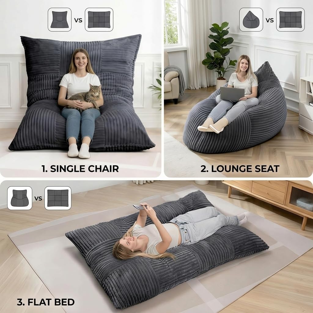 Giant Bean Bag Chair - 3-in-1 Convertible Memory Foam Floor Cushion with Washable Corduroy Cover, Large Comfy Beanbag Sofa for Adults and Kids-Gray