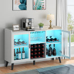 Auromie Wine Bar Cabinet with Led Light, Home Coffee Cabinet with Wine and Glass Rack, Kitchen Buffet Sideboard with Storage Shelves, Freestanding Liquor Cabinet for Living Room, Dining Room (White)