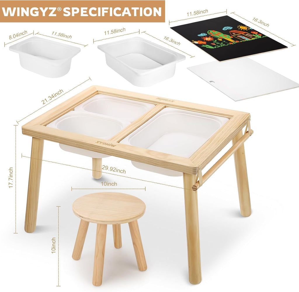 WINGYZ Sensory Table and Chair Set, 3 in 1 Kids Table for Play Study Art Dining Toys Storage, Sensory Activity Tables for Toddler with Storage Bins, Children's Gifts for Boys and Girls