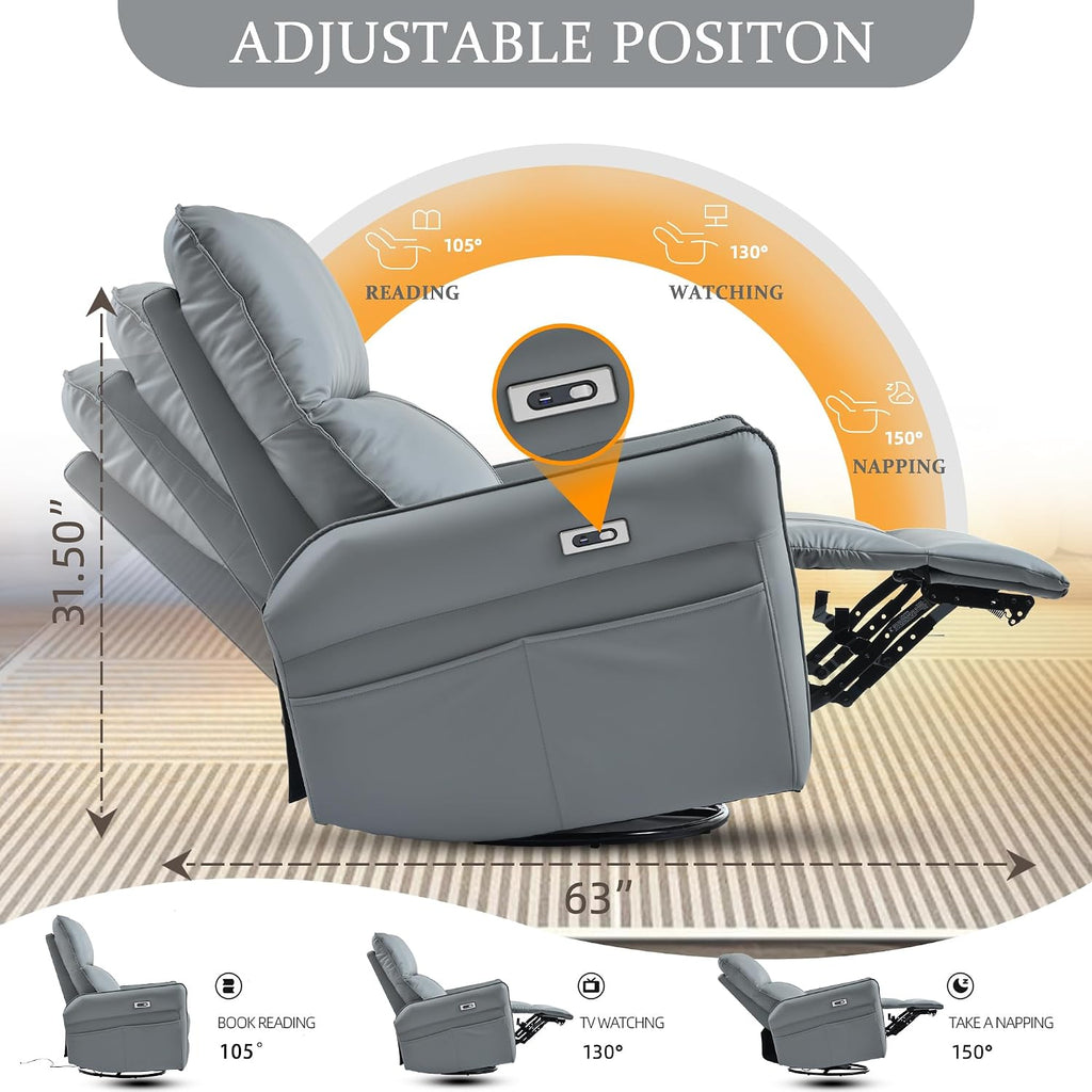 Power Swivel Rocker Recliner Chair for Nursery, Upholstered 270° Swivel Glider Rocker Chair with USB Ports, Small Power Recliners for Small Spaces Living Room