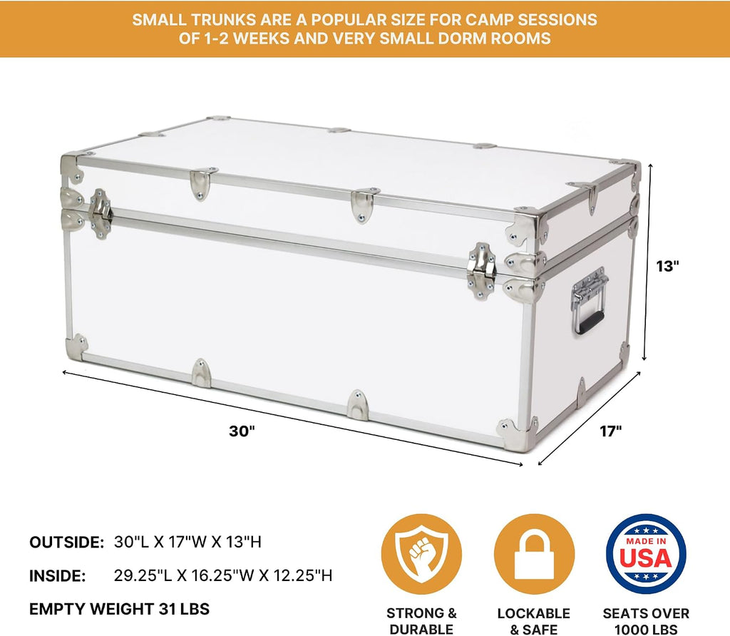 Rhino Trunk & Case Small Essential Trunk With Wheels, Tray, & Lid Organizer - 30"x17"x13", 1000+ lbs Capacity. Strong, USA Made Summer Camp Footlocker, and Secure College Dorm Storage Chest