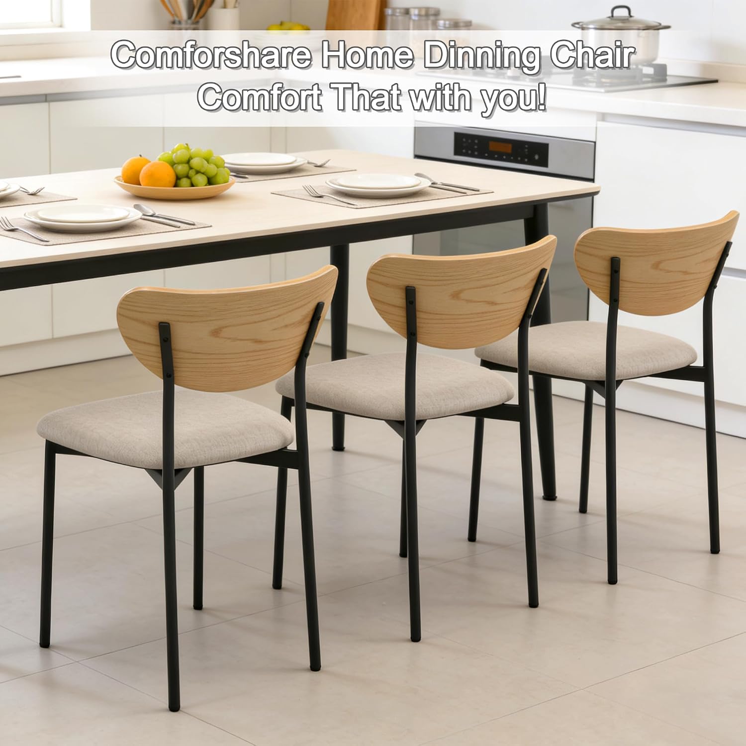 Beige Dining Chairs Set of 4, Upholstered Modern Kitchen Chairs Dining Room Chairs with Wood Curved Backrest & Metal Legs