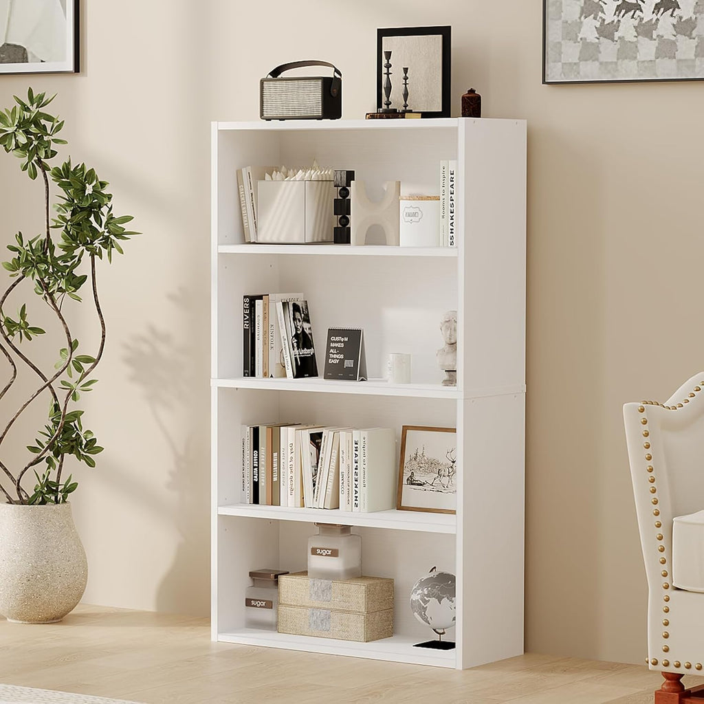 Simple Deluxe Industrial 4-Tier Shelf Bookcase - 9.2" D x 23.8" W x 42" H Tall Floor Standing Open Bookshelf for Home Office, Living Room, and Bedroom Storage, White