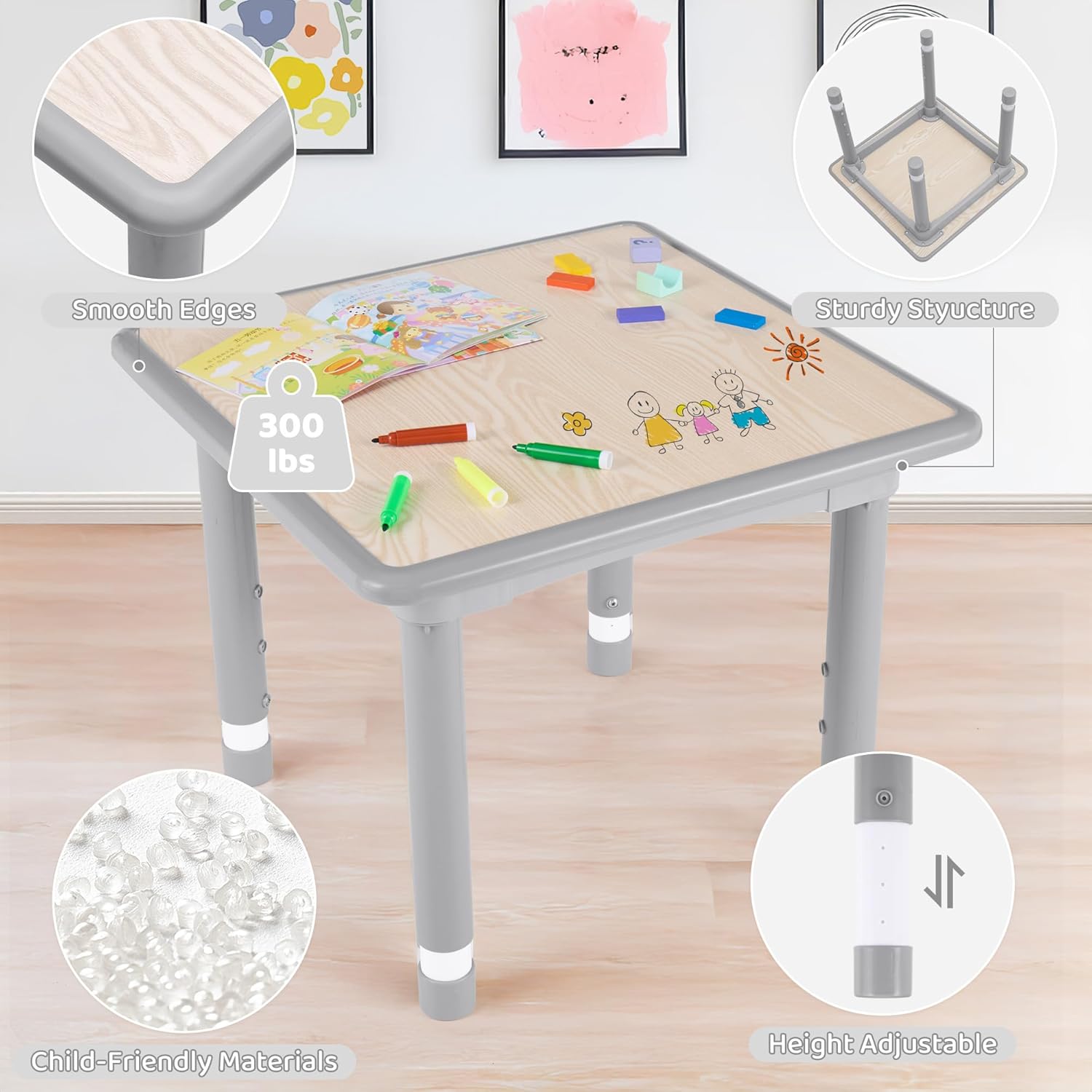 DOREROOM Kids Table and 2 Chairs Set, Height Adjustable (17.7"-26.1") Toddler Table and Chair Set, Multi-Activity Table with Graffiti Desktop, Children’s Table and Chairs for Classroom, Home & Daycare