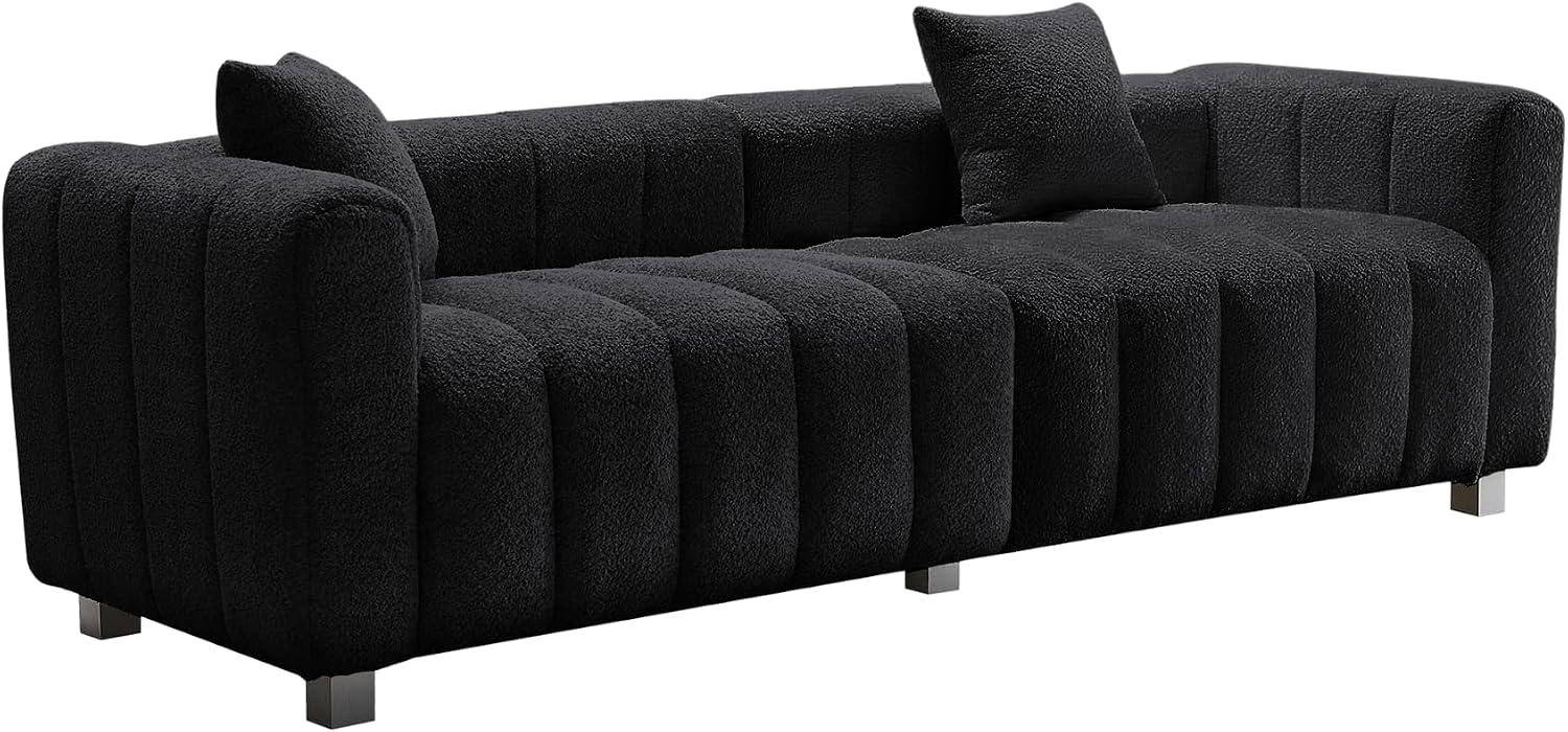 87.4" Modern 3 Seater Sofa Couch for Living Room, Mid Century Fluffy Couches with Solid Wood Frame and 6 Legs for Bedroom, Apartment, Weight Capacity 750 LBS (Black)
