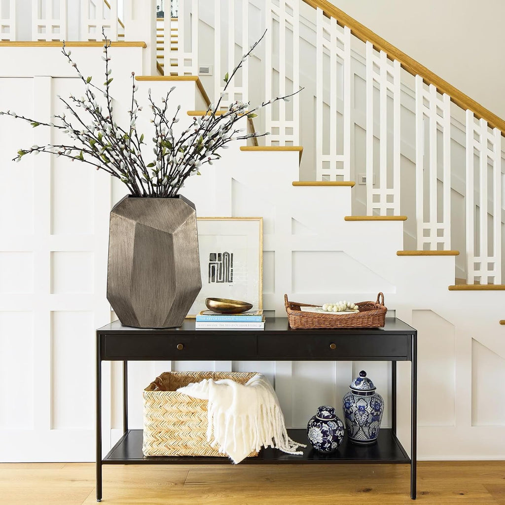 16" Tall Geometric Vases, Home Décor Silver Modern Rectangular Vases with Angular Front and Back, Contemporary Industrial Metal Vases for Office Home Resto Café Decoration