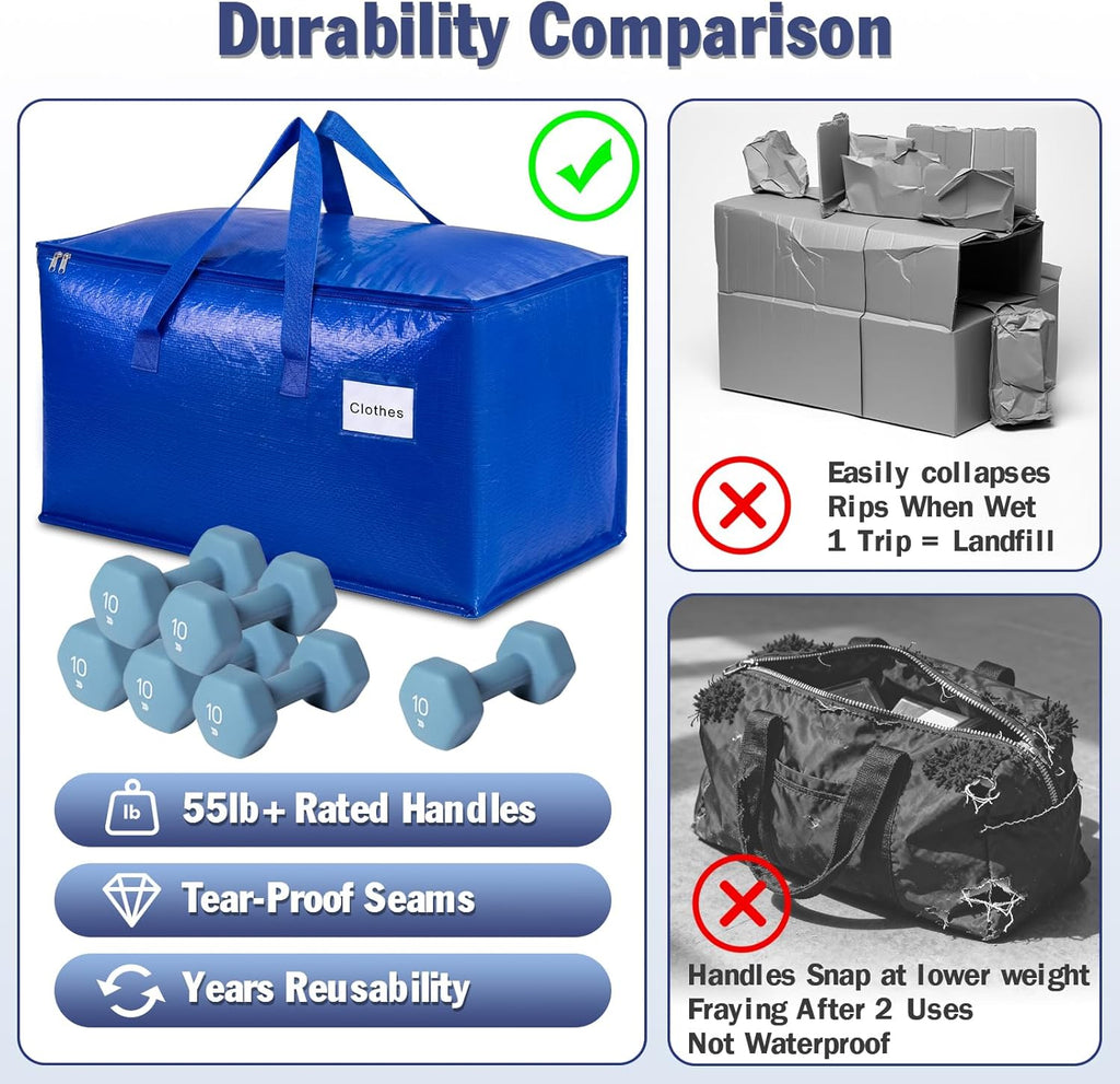 KYODOLED 4-Pack Extra Large Moving Bags, Lightweight Blue Storage Totes 24 Gal (27"x13"x15"), Heavy Duty 55lb Capacity PE Packing Bags for College Dorm, Closet Organization & Space Saving