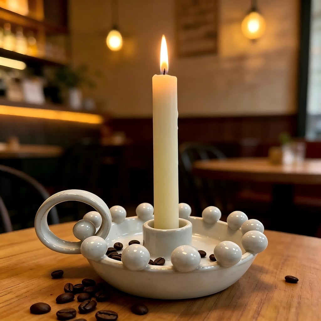 Ceramic Taper Candle Holder with Handle,Vintage White Glaze Farmhouse Beads Candlestick Holders for Mantel, Dining Home Decoration