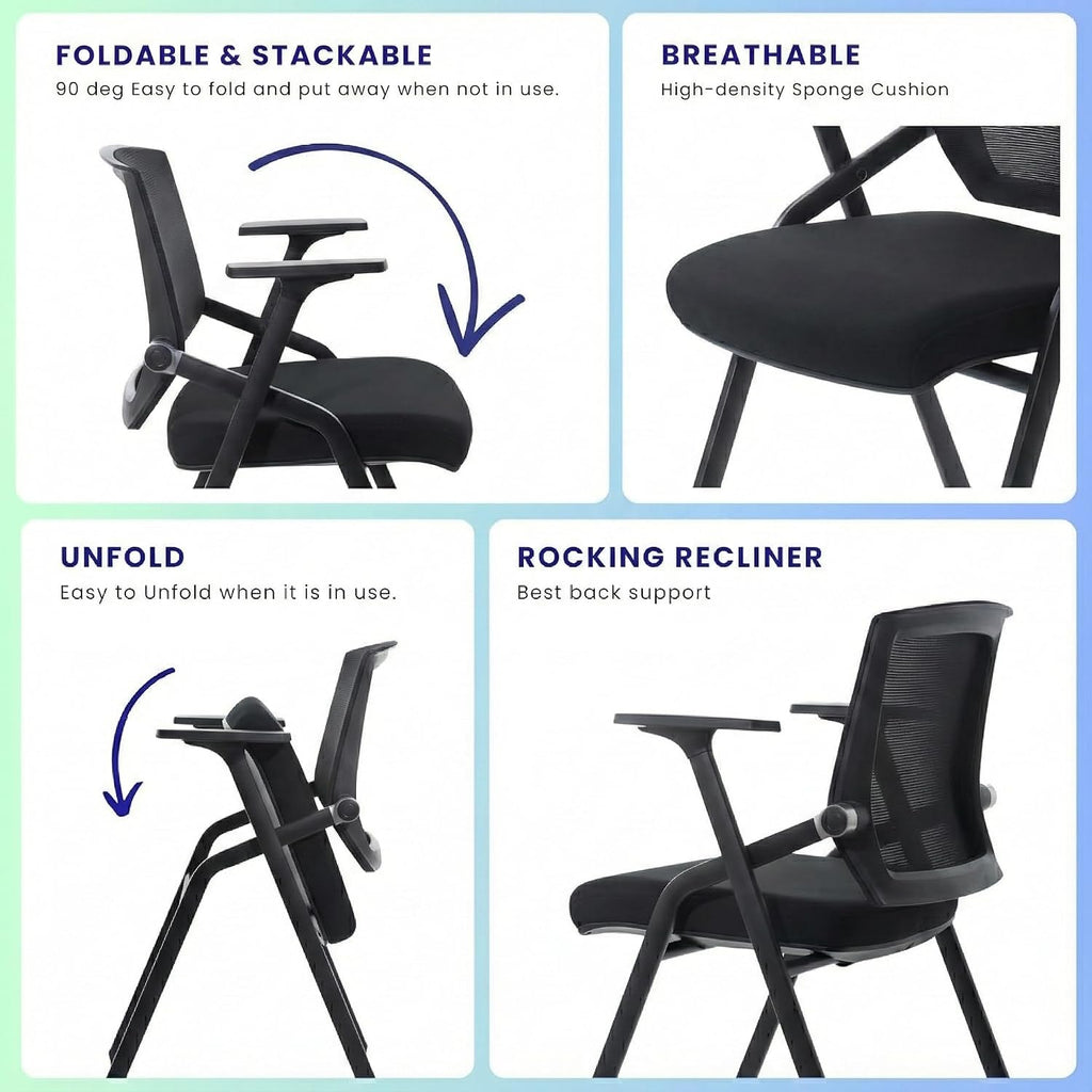 40 Pack Stackable Conference Room Chairs with Paddle Folding Office Chair Foldable Desk Chair Mesh Back and Arms for Conference Meeting Guest Reception Home Office Training Room Chair Black