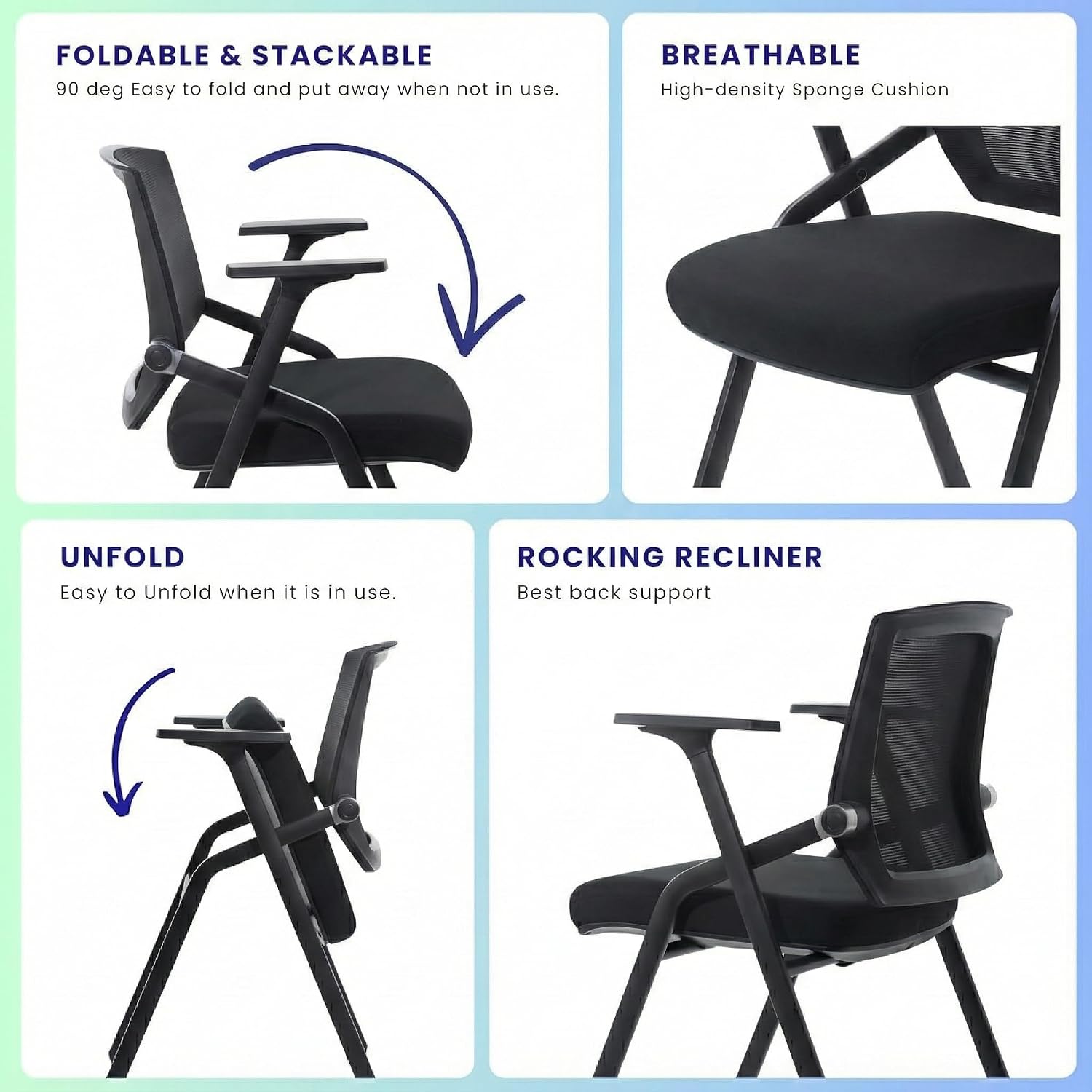 40 Pack Stackable Conference Room Chairs with Paddle Folding Office Chair Foldable Desk Chair Mesh Back and Arms for Conference Meeting Guest Reception Home Office Training Room Chair Black