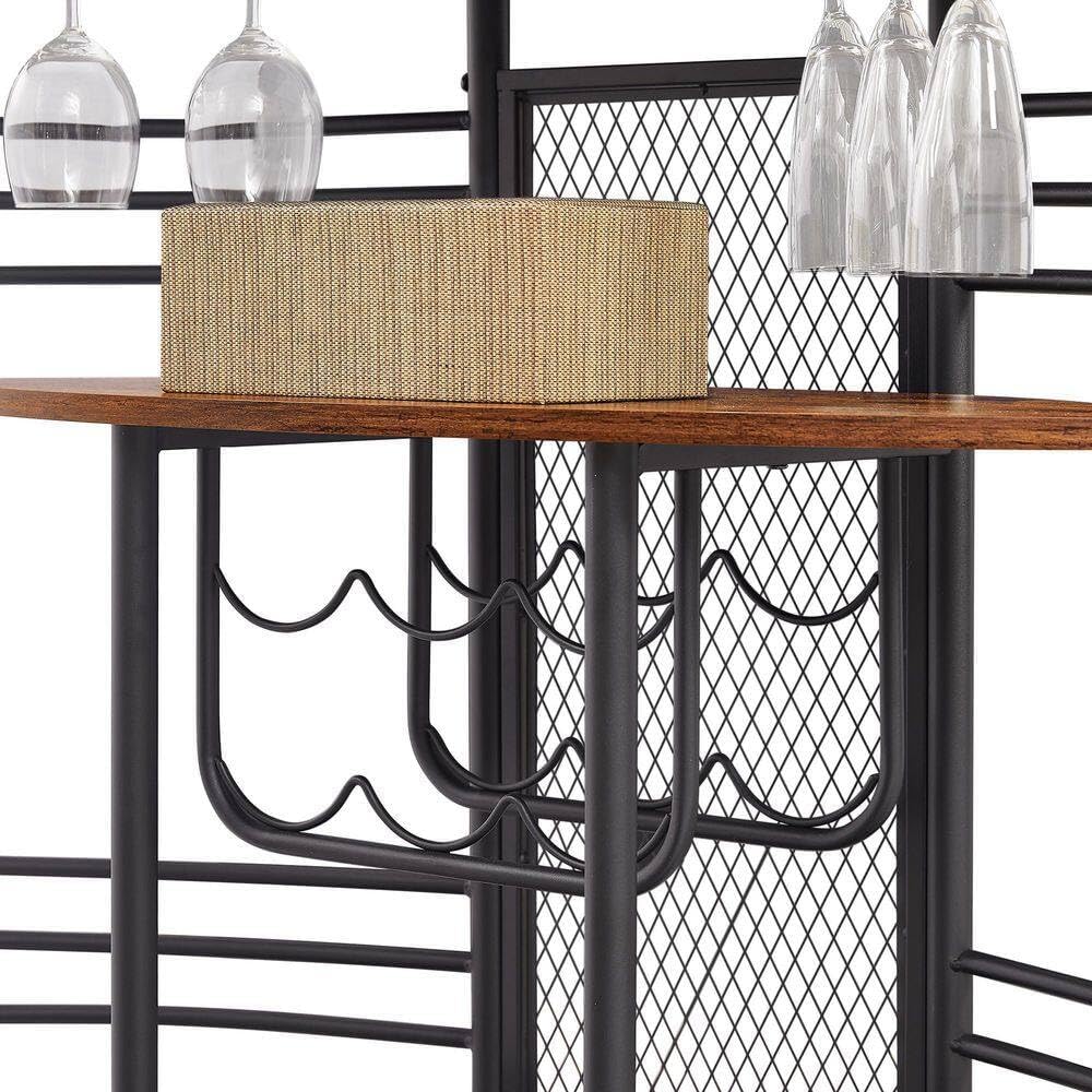 Oval Bar Table with Wood Counter Top and Wine Rack Storage Bar Cabinet for Dining Room Brown Metal Frame Coffee Bar Stand for Home