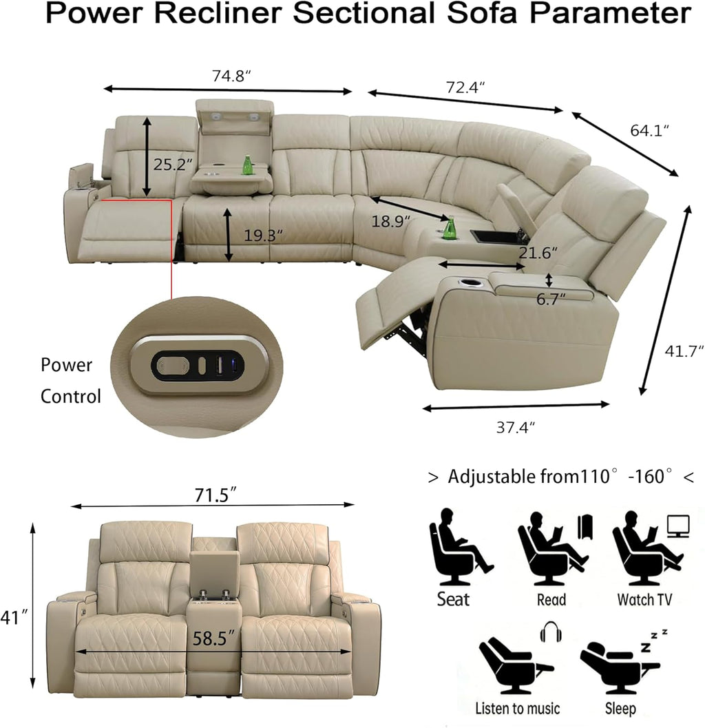 Power Reclining Sectional Sofa Set, Living Room Furniture Sets, Breathing Leather Sectional Couch and Loveseat with 4 Recliners, LED Light, USB Charging Port & Storage for House/Home Theater