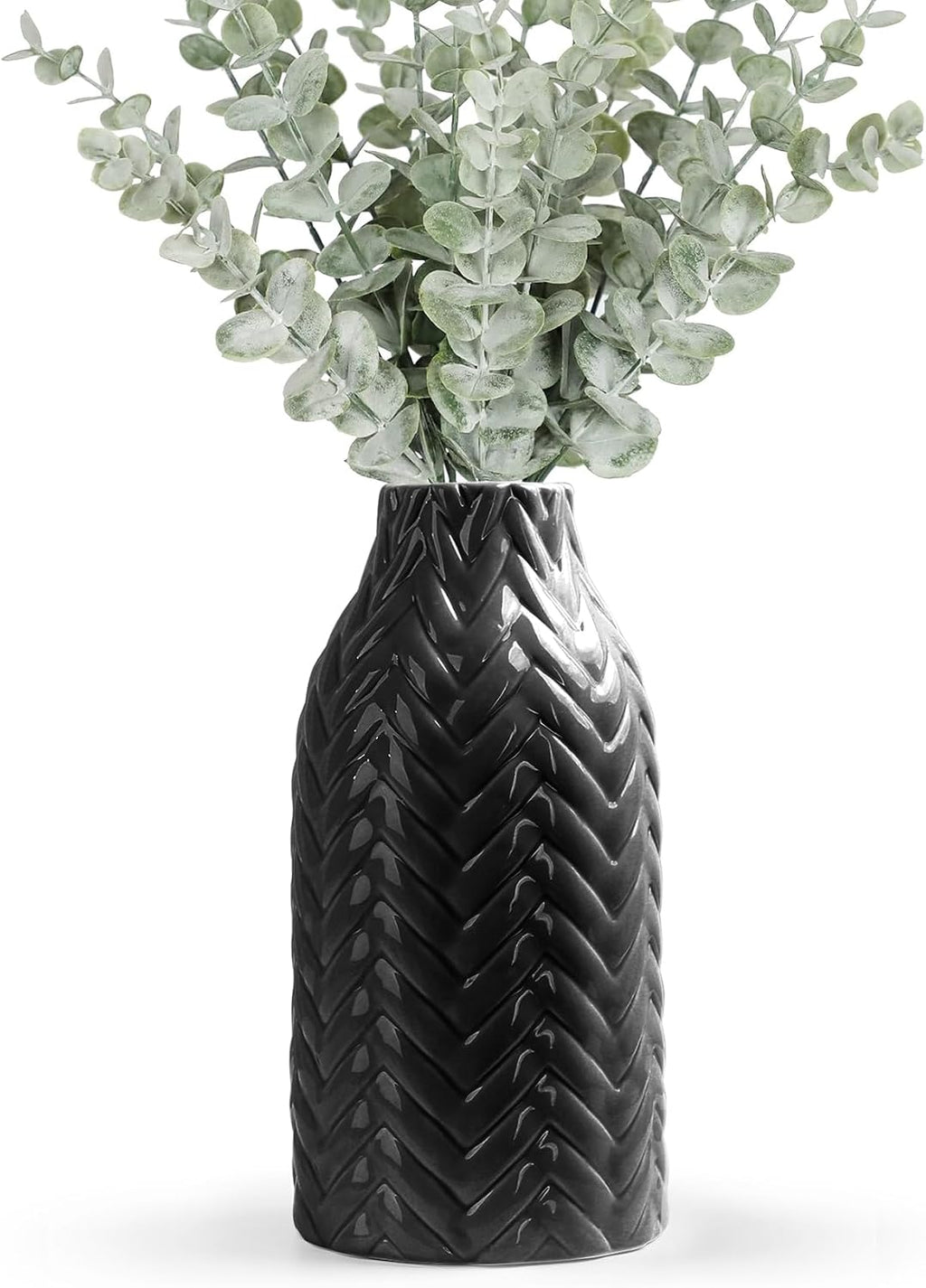 STHIE Black Embossed Ceramic Vase, 8 Inch Decorative Vase for Home Decor, Watertight Vase for Fresh or Dried Flowers, Boho Farmhouse Table Centerpiece