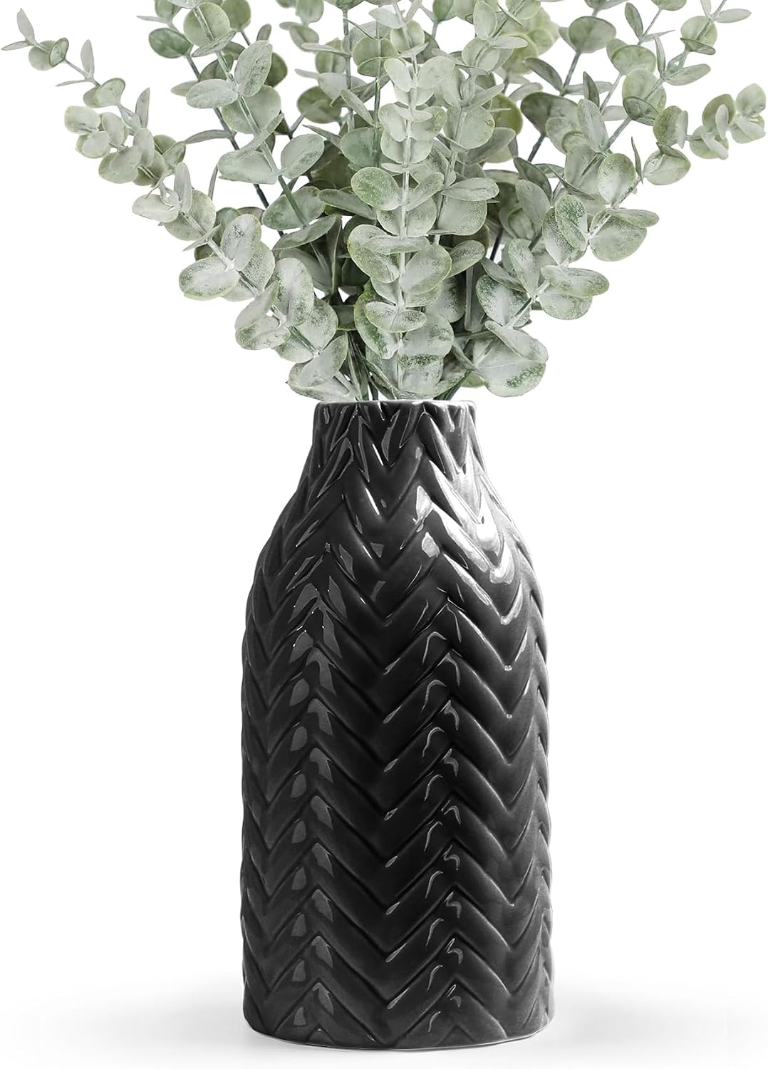 STHIE Black Embossed Ceramic Vase, 8 Inch Decorative Vase for Home Decor, Watertight Vase for Fresh or Dried Flowers, Boho Farmhouse Table Centerpiece