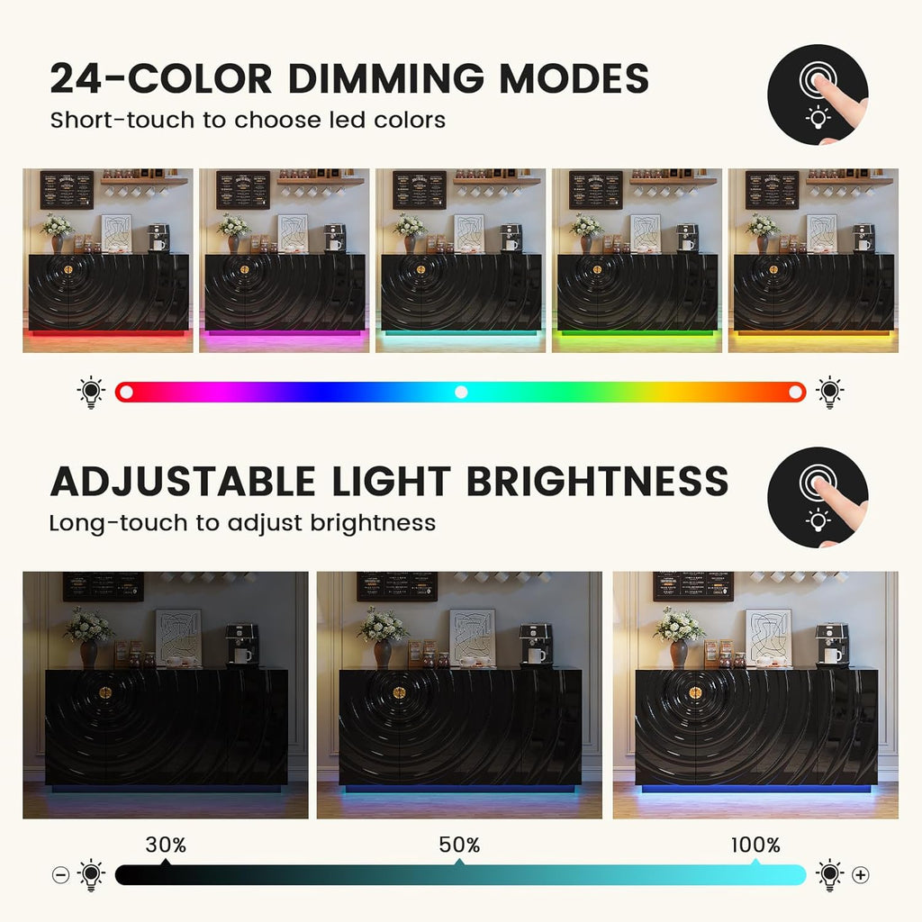 LVSOMT 63" High-Gloss Sideboard Buffet Cabinet with Storage, Large Coffee bar Cabinet with RGB Lights and Power Outlet, Modern Console with 4 Doors for Kitchen and Living Room, Black