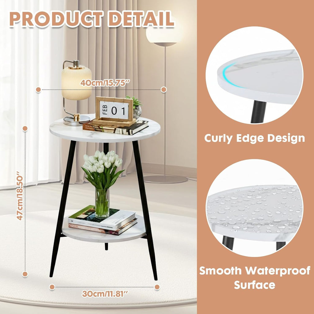 ShellKingdom Small Round Side Table, 2 Tier Marble Pattern End Table for Indoor Outdoor Bedroom Living Room Home Office Nightstand with Metal Frame (White Marble)