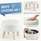DUMOS Round Storage Ottoman with Reversible Tray Lid, Multi-Functional Footrest, Teddy Velvet Footstool with Wood Legs, Small Coffee Table for Living Room, Bedroom, Beige