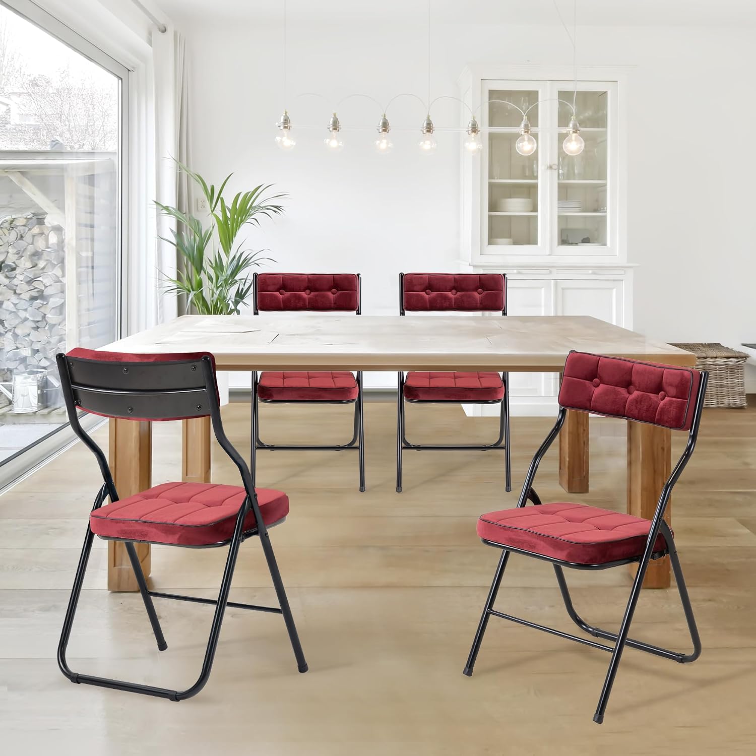 HOMEFUN Padded Folding Chairs 4 Pack - Foldable Dining Chair with Cushion, Portable and Assembled Extra Seat for Guests Kitchen Office Wedding Party Wine Red