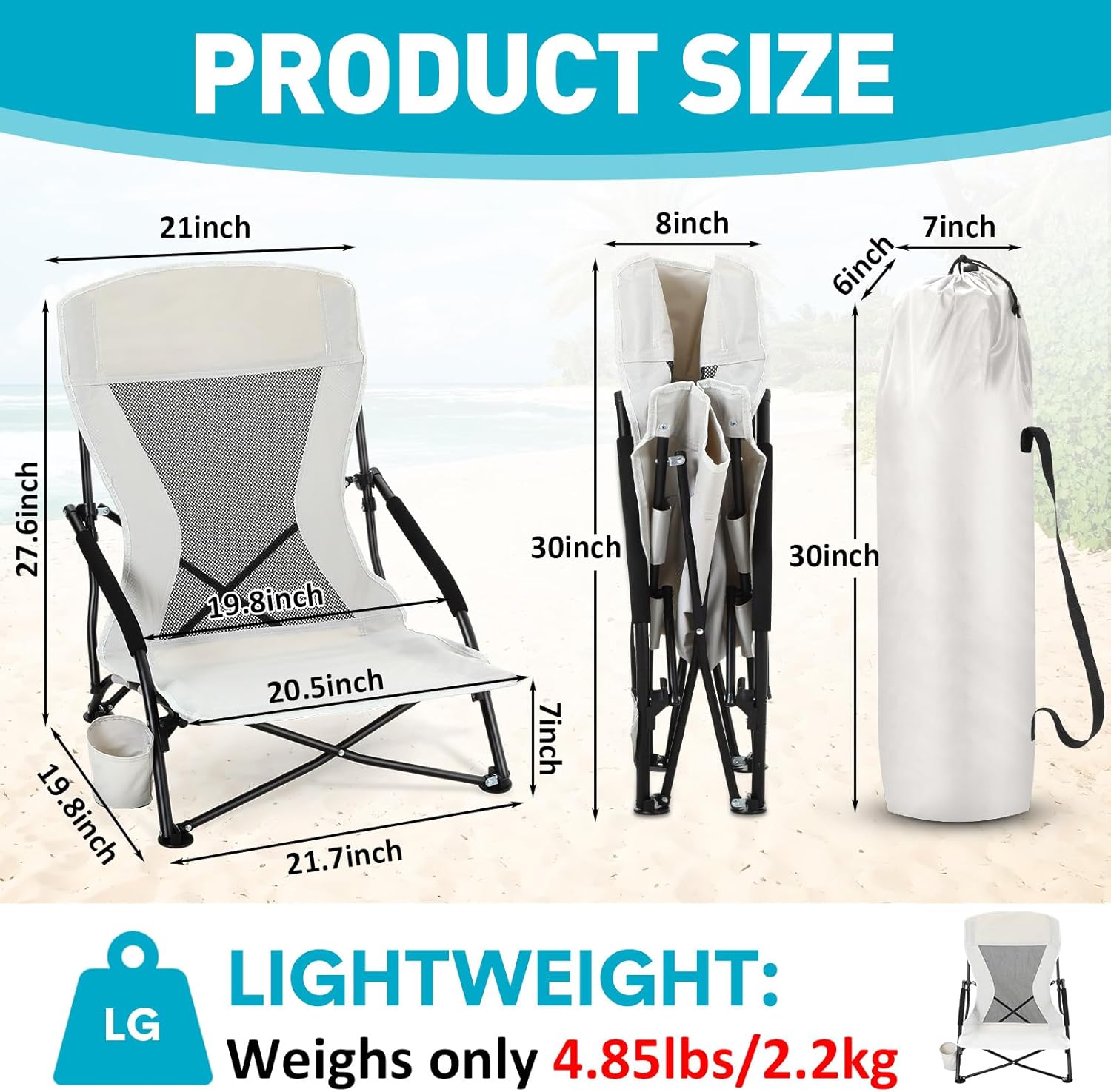 Menkxi 4 Pack Low Beach Chairs for Adults, Portable Folding Sand Chairs with Cup Holder and Carry Bag, Lightweight High Back Camping Chair for Beach Trips, Concerts, BBQ, Lawn, Outdoor (Light Grey)