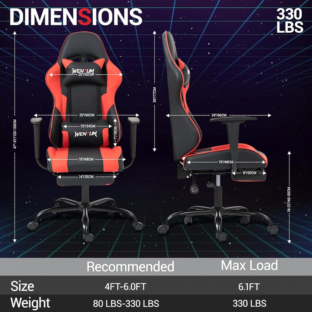 Gaming Chair with Footrest, Ergonomic PC Desk Chair with Headrest and Massage Lumbar Support, Video Game Chair with Height Adjustable High Back for Home Office, PU Leather, Red