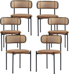Rattan Dining Chairs Set of 6, Mid Century Modern Dining Chairs with Cane Back and Boucle Upholstered Seat, Farmhouse Kitchen Chairs for Dining Room and Living Room, Brown
