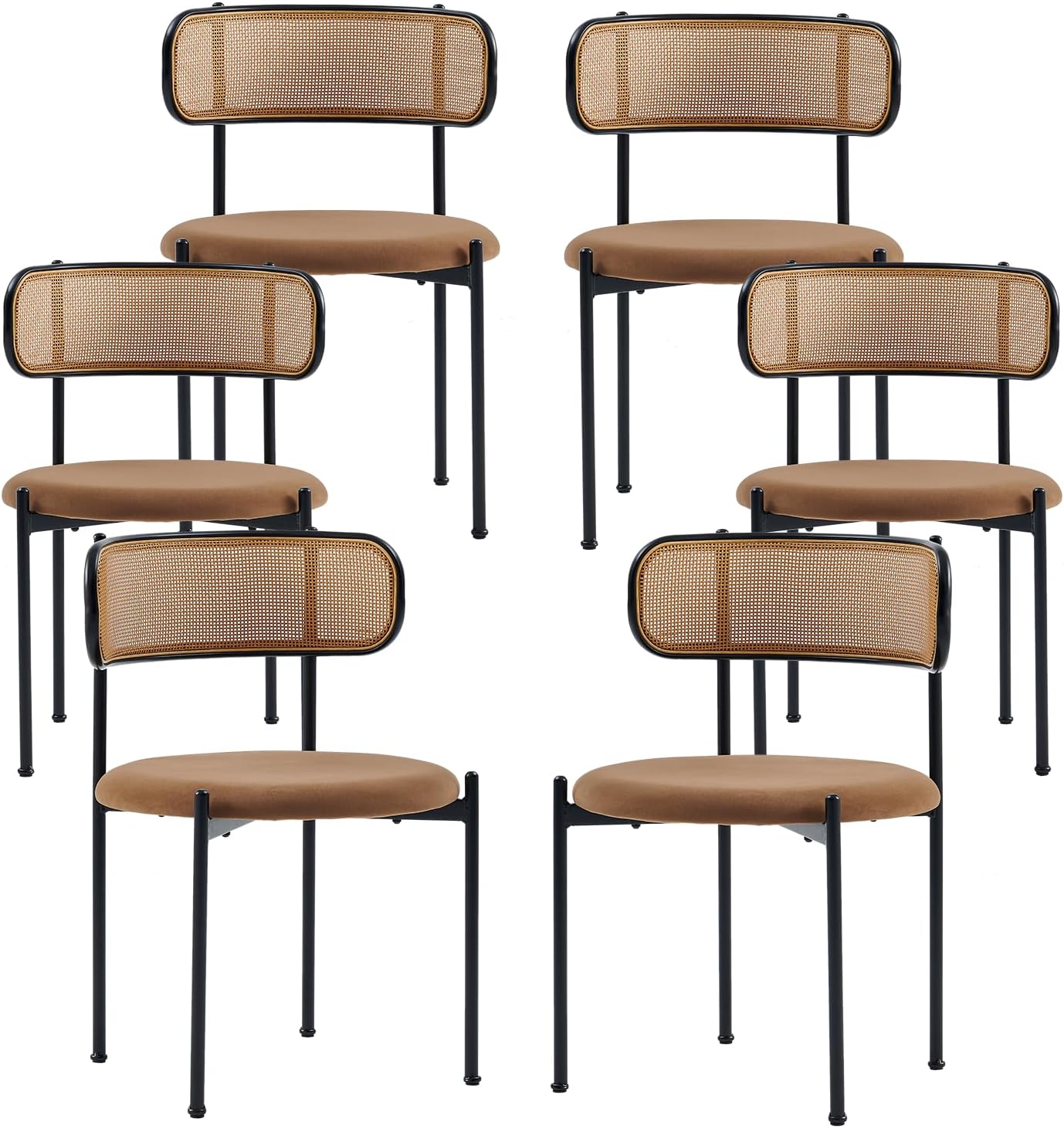 Rattan Dining Chairs Set of 6, Mid Century Modern Dining Chairs with Cane Back and Boucle Upholstered Seat, Farmhouse Kitchen Chairs for Dining Room and Living Room, Brown