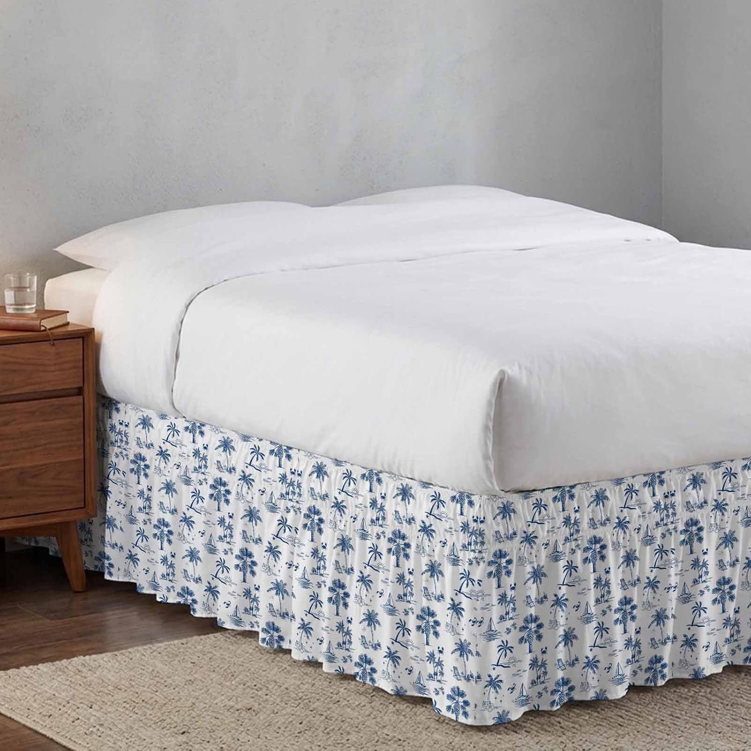 Blue Tropical Plant Bed Skirt King Size 16 Inch Drop, Adjustable Elastic Bedskirt Dust Ruffle for King Size Bed, Summer Palm Trees Coastal Nautical Wrap Around Bed Skirts Pleated Bed Frame Cover