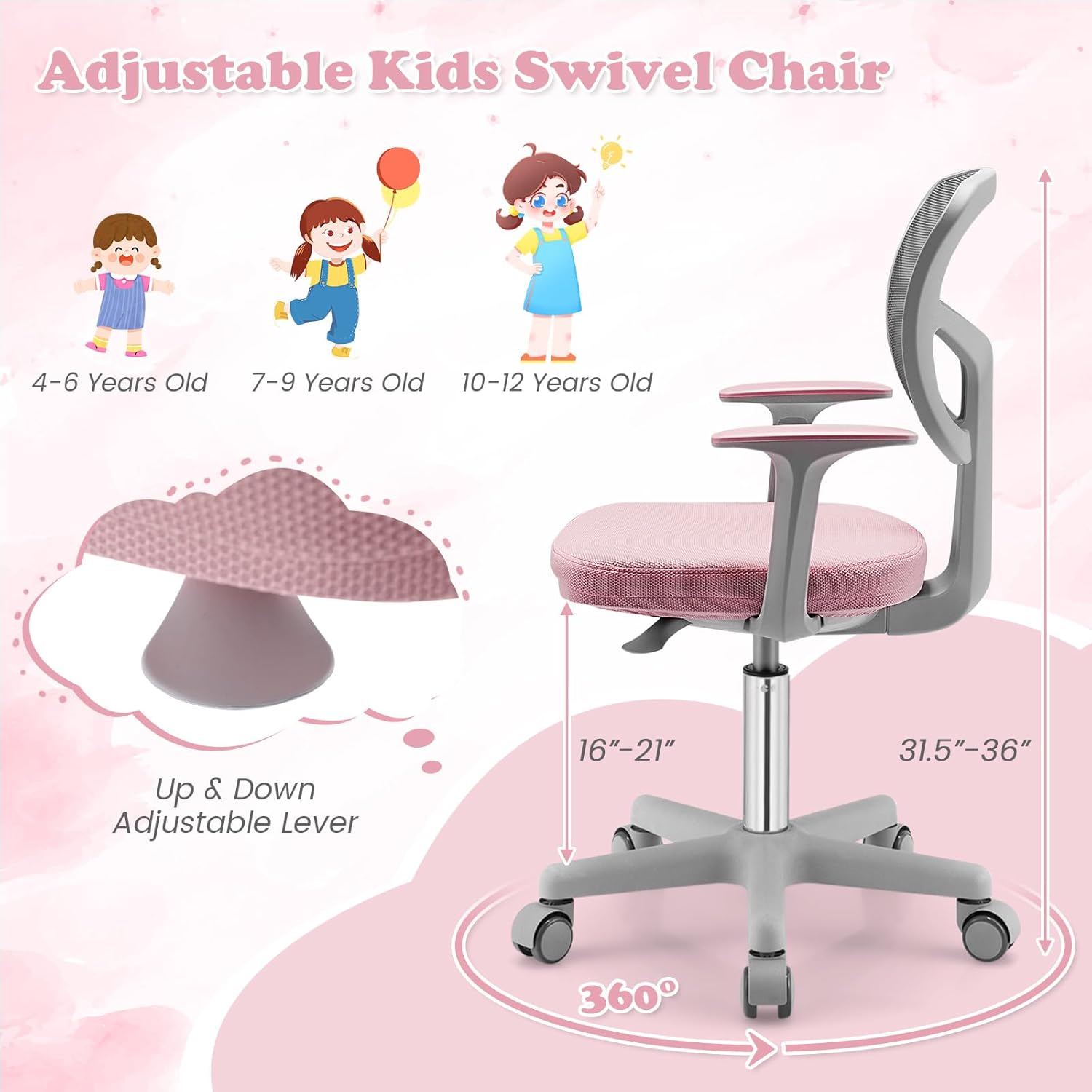 Giantex Kids Desk Chair, Ergonomic Adjustable Teen Task Chair w/Y-Shaped Lumbar Support, Armrest & Universal Wheels, Mesh Kid Office Chair for Sturdy, Kids Computer Chair for Boys & Girls 4-12, Pink