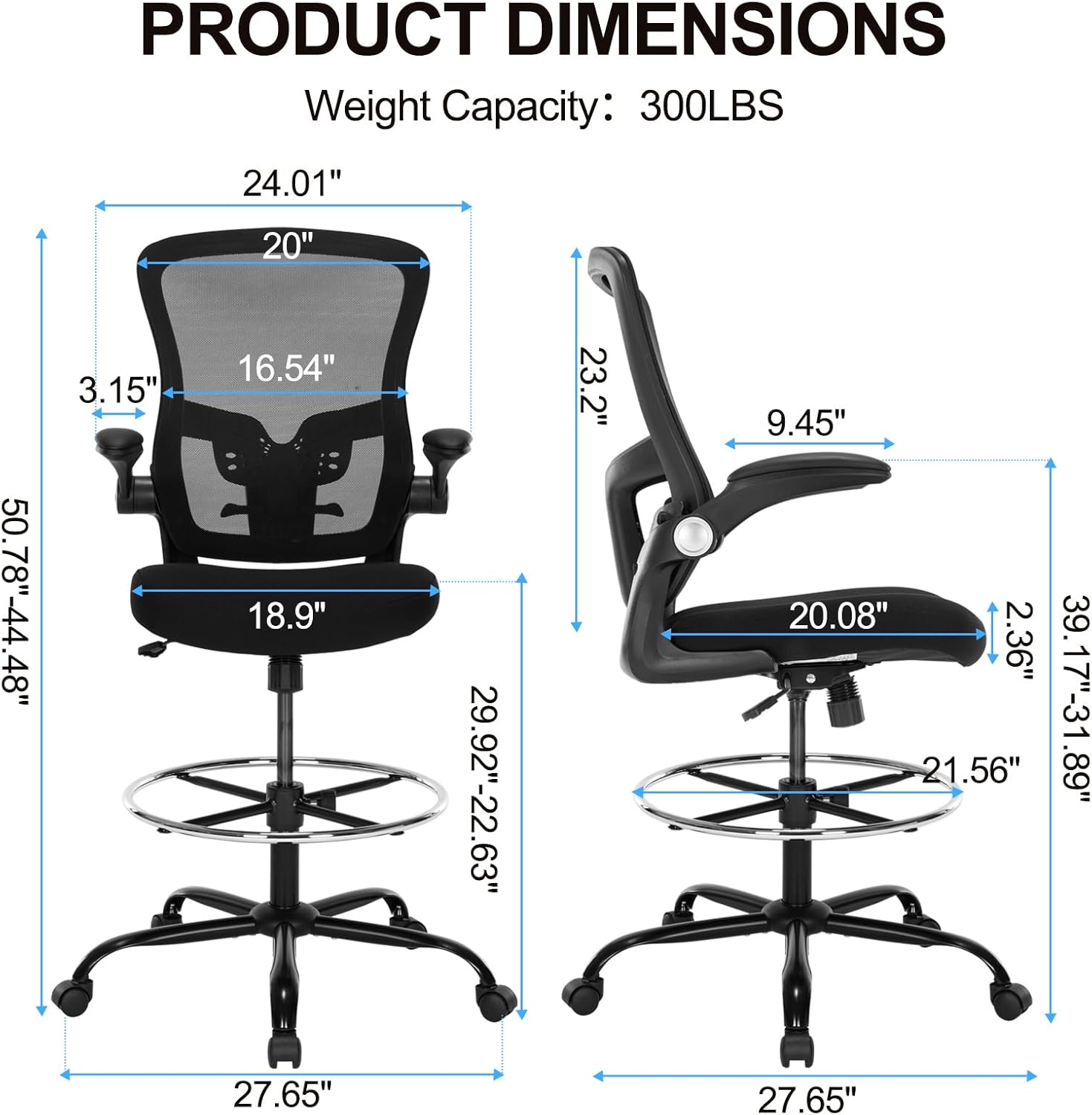 Drafting Chair, Ergonomic Tall Office Chair with Lumbar Support Standing Desk Stool with Flip-up Armrests Comfy High Office Desk Chair with Adjustable Foot Ring for Counter Height Desk, Black
